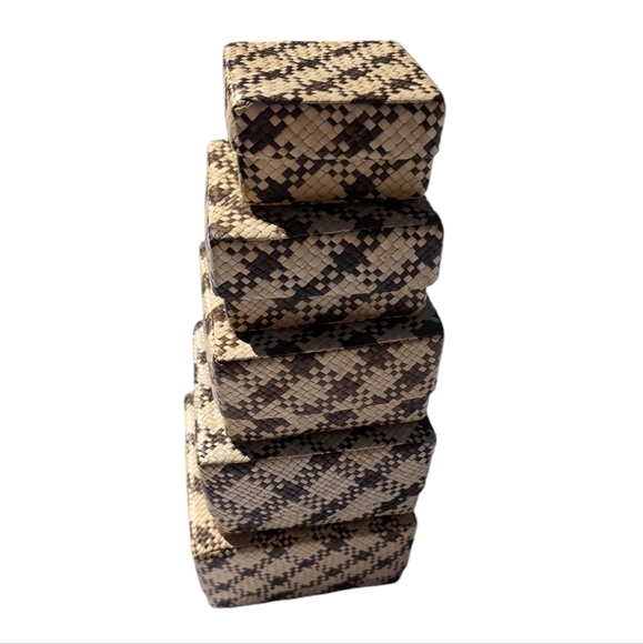 NESTED Vintage Baskets 5PC Set Boho Square Storage Brown Natural Tan - Picture 7 of 10